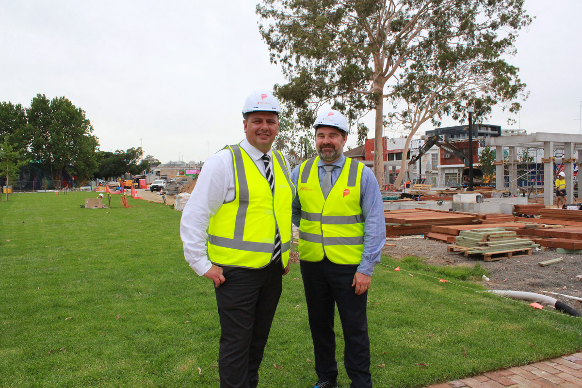 Penrith Mayor Todd Carney and Penrith City Council General Manager Andrew Moore standing in Penrith's new City Park